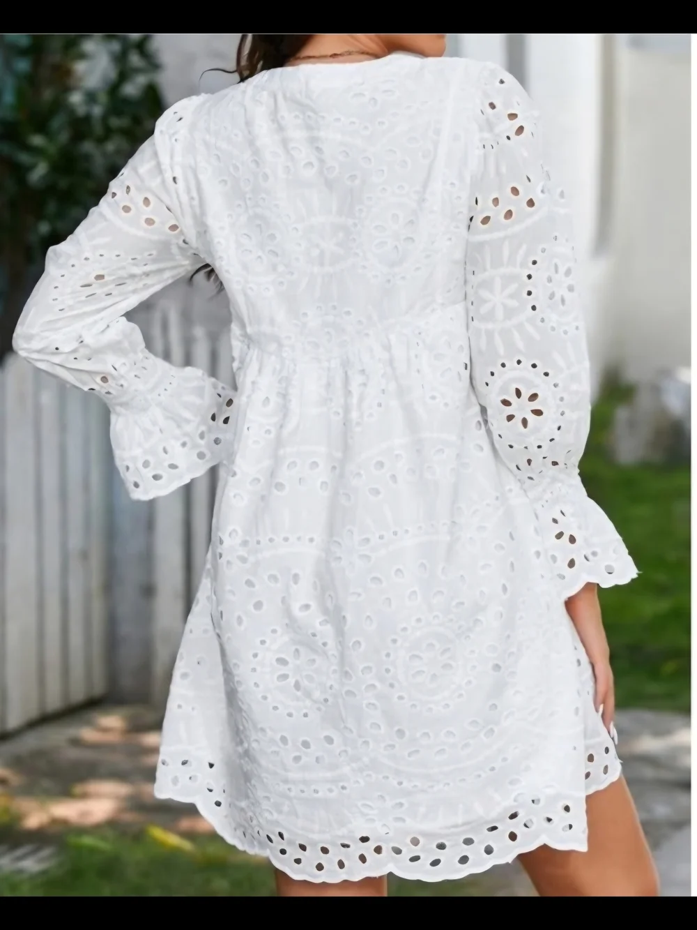 White Eyelet Smocked Mini Dress with Tassel Tie - Picture 4 of 11